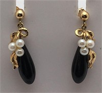 14k Gold, Pearl & Onyx Earrings
