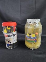 Jumbo Dill pickles and 24 piece bungee cord kit.