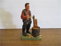 Signed Wood Carved Statue, Man Chopping Wood