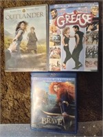 3 DVD's, Grease, Outlander, Brave