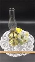 Oil Lamp, Doily & Faux Flower Vase