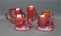 Five Red Contemporary Carnival Glass Novelties