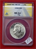 1948 Franklin Silver Half Dollar ANACS MS64 FBL