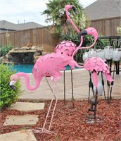 Two Metal Pink Flamingos with Curled