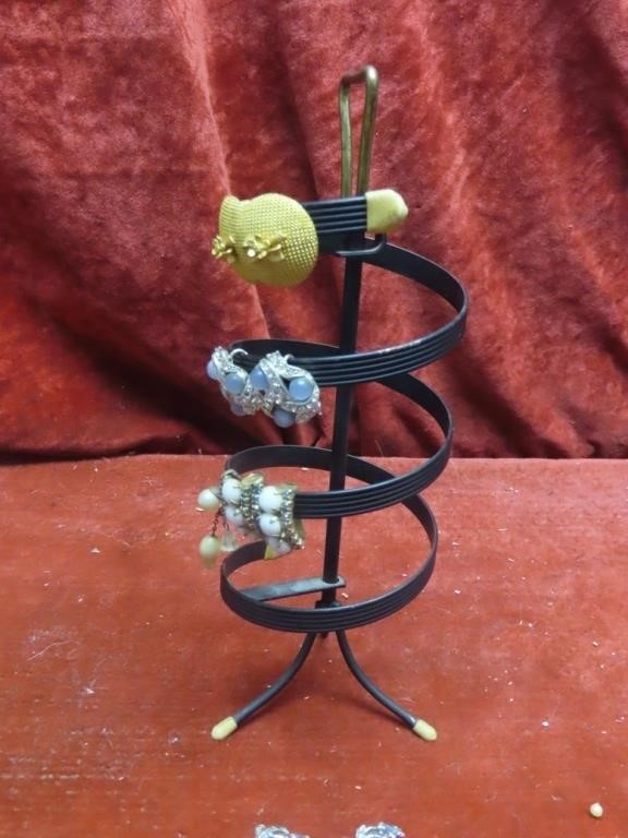 Mid century earring stand & assorted earrings.