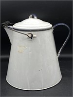 Large White and Blue Enamel Coffee Pot 10.75”