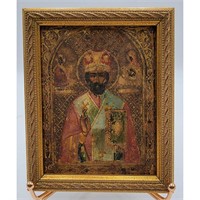 Antique Hand Painted Russian Icon On Wood 19th C