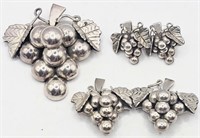 Sterling Silver Grapes Brooch & Earrings
