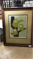 "THREE OWLS" SIGNED P.FRENCH FRAMED ART