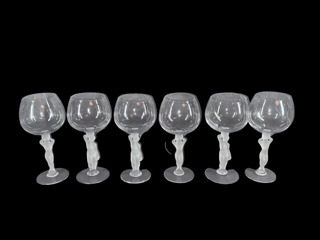 (6) Bayel, France Crystal Goblets w/ Frosted Nude