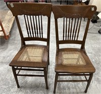 Pair of Oak Pressed Back Caned Side Chairs