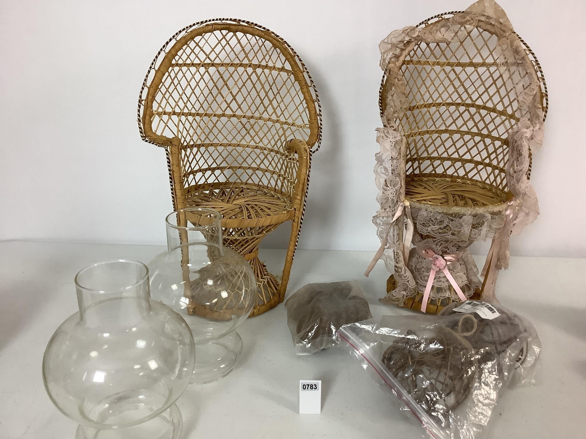 2 WICKER CHAIRS(17 1/2") GLOBES, MORE