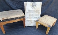 3 VINTAGE SHABBY FOOTSTOOLS 1 WITH VINTAGE APRON