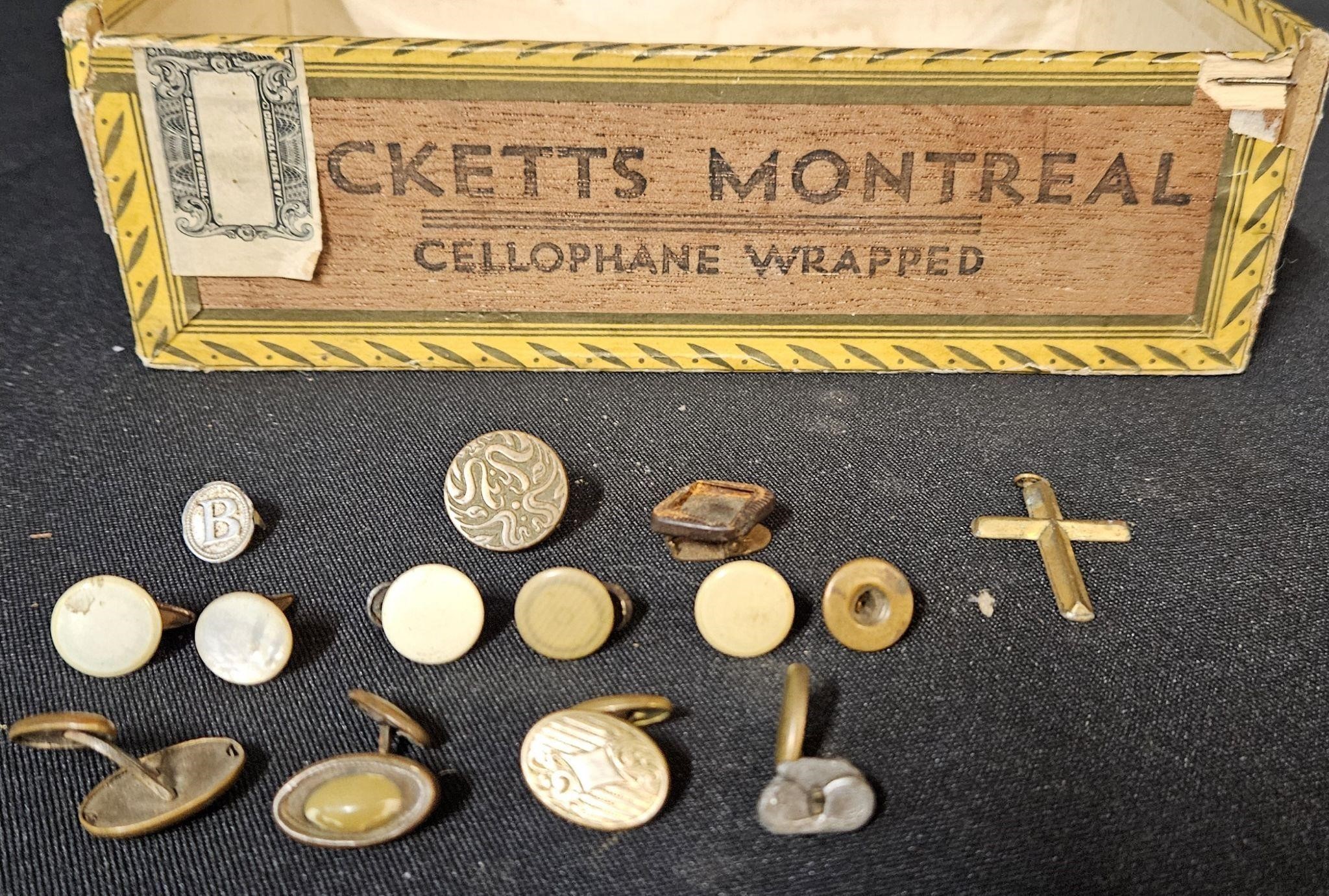 vintage lot of cufflinks and 1 old cigar box