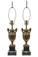 Marble and Bronze Greek Motif Urn Lamps - Pair