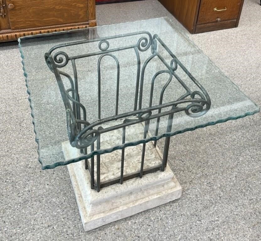 Wrought Iron & Travertine Glass Top Side Table