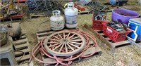 Pallet with hose, propane cylinders,wagon wheel