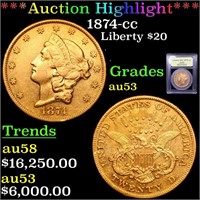 *Highlight* 1874-cc Liberty $20 Graded Select AU