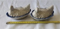 Set of Hen on Nest. Ceramic Beige on Blue. China