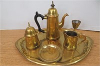 Brass Teapot, Creamer, Sugar, Tray+