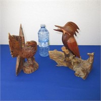 2 Hand Carved Wooden Birds: Eagle &