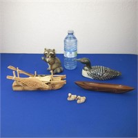 Hand Carved Dog Sled, Wooden Loon & Canoe,