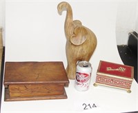 Grouping Wood Elephant, Box & Tin Box