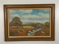 Framed Cabin Oil Painting 44.5" x 32.5"