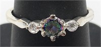Sterling Silver Ring W Green & Clear Stones