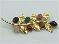 Carved Semi Precious Stone Gold Tone Leaf Brooch