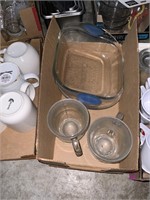 box lot of glass mugs and baking dish