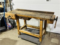 antique solid wood work bench w/ vises