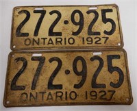 1927 ONTARIO PAIR EMBOSSED TIN  LICENSE PLATES