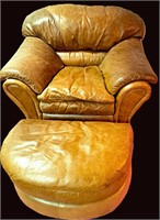 VINTAGE OVERSTUFFED SOFT LEATHER CHAIR & OTTOMAN