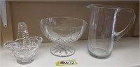 CLEAR GLASS BASKET, WATER PITCHER, BOWL