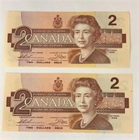 2- 1986 Canada $2 Bills