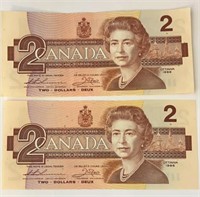 2- 1976 Canada $2 Bills