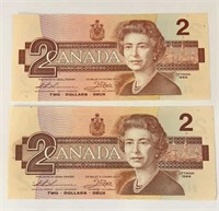 2- 1986 Canada $2 Bills