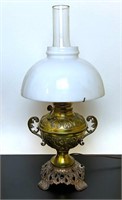 Electrified Brass Oil Lamp P&A Milk Glass Shade