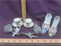 Lot of Bone China Cups and Shoes and a Platic Rose