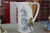 BIRD AND FLORAL DECORATED PITCHER