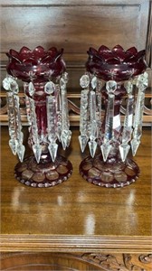Pair of Ruby Cut to Clear Mantle Lusters w/ Prisms