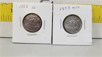 (2) 1953 Canada 5 Cents - Nss & Ss Ef Or Better
