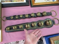 2 old sleigh bells sets on leather with brass