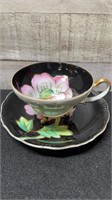 Vintage Japan Black & Floral Footed Cup & Saucer