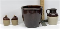 Small crock, brown top jug S&P set,