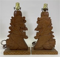 Pair of Vintage Carved Wooden Mexican Tribal Lamps