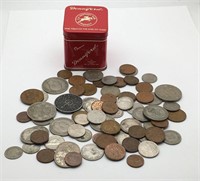 Group Of Foreign Currency Coins In Tin