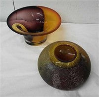 8.5 X 4.5 in Amber and purple art glass bowl and