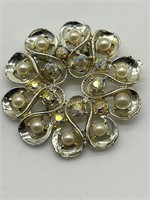 Vintage Gold Tone Faux Pearl & AB Brooch